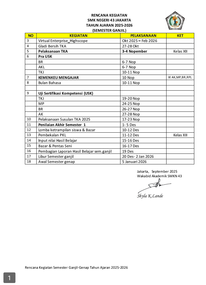 RENCANA KEGIATAN SMKN 43 JAKARTA 2025